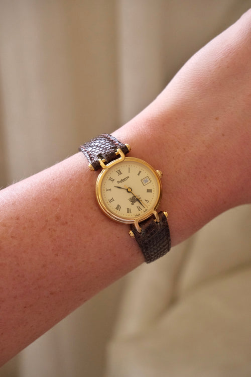 1994 Ladies Burberrys Gold Tone Round Watch with Date Brown Lizard Strap